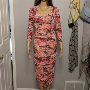Express Body Contour Pink Floral Mesh Long Sleeve Cropped Top